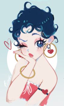 Rule 34 | 1girl, armlet, bare shoulders, betty boop, betty boop (series), black eyes, black hair, bracelet, curly hair, dress, earrings, elvenette, heart, heart earrings, highres, hoop earrings, jewelry, lipstick, long eyelashes, looking at viewer, makeup, red dress, red lips, red nails, short hair, solo, upper body