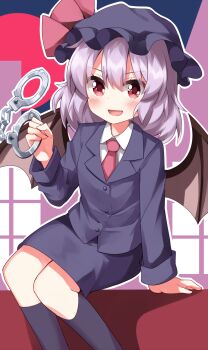 1girl alternate_costume bat_wings black_hat black_jacket black_skirt black_socks blazer blush brown_wings buttons collared_shirt commentary_request cuffs eyes_visible_through_hair feet_out_of_frame hair_between_eyes hand_up handcuffs hat hat_ribbon highres holding holding_handcuffs iosys jacket kneehighs lapels long_sleeves looking_at_viewer medium_hair mob_cap necktie open_mouth outline pencil_skirt pink_necktie pink_ribbon purple_hair red_eyes remilia_scarlet ribbon ruu_(tksymkw) scarlet_police shirt skirt smile socks solo split_mouth touhou white_outline white_shirt wings