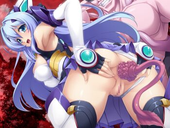 1boy 1girl :d anal anal_beads anal_object_insertion anal_tail anus armpits ass bent_over black_gloves blue_eyes blue_hair breasts butt_plug censored chest_jewel clothing_aside cloud covered_erect_nipples elbow_gloves exs-tia exs-tia_(exs-tia_1) fake_tail fingerless_gloves from_behind from_below game_cg ganusgil gloves grabbing_own_ass grin hair_intakes hair_ornament headgear hetero inoino katsuragi_marina kouyoku_senki_exs-tia large_breasts large_variant_set leotard leotard_aside long_hair looking_at_viewer looking_back magical_girl monster mosaic_censoring non-web_source object_insertion official_art open_mouth outdoors pleated_skirt presenting pussy red_sky sex_toy skirt sky smile solo_focus spread_anus spread_ass tail tentacles thighhighs underwear variant_set