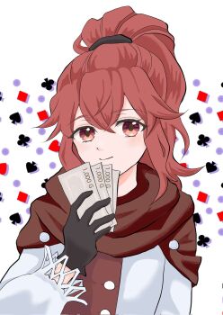 1girl anna_(fire_emblem_engage) black_gloves brown_cape cape commentary_request crossed_bangs fire_emblem fire_emblem_engage gloves hair_between_eyes highres long_hair long_sleeves looking_at_viewer nintendo ponytail puni0429k red_eyes red_hair smile solo