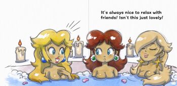 3girls absurdres bath bathing bathroom bathtub blonde_hair blossom blue_eyes breasts brown_hair bubble bubble_bath candle commentary earrings english_commentary eyelashes hexanne highres jewelry large_breasts mario_(series) multiple_girls nintendo nude official_style bad_tag princess princess_daisy princess_peach rosalina