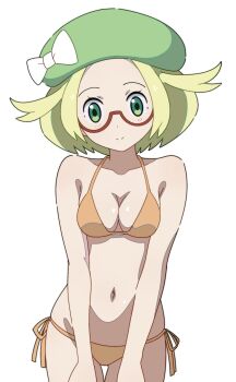 1girl absurdres alternate_costume beret bianca_(pokemon) bikini blonde_hair bow breasts closed_mouth commentary cowboy_shot eyelashes glasses green_eyes green_hat hat hat_bow highres light_blush mnkr98 navel nintendo orange_bikini pokemon pokemon_bw2 red-framed_eyewear semi-rimless_eyewear side-tie_bikini_bottom simple_background smile solo swimsuit thigh_gap white_background white_bow