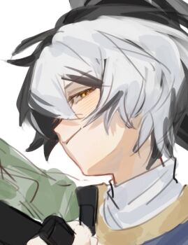 1boy black_hair blue_vest cape chinese_commentary closed_mouth commentary_request eyelashes green_cape hair_between_eyes half-closed_eye infinity_nikki light_blush long_sleeves male_focus multicolored_hair nikki_(series) outstretched_arm pointy_nose shirt short_hair side_cape simple_background smirk smug solo split-color_hair tan_youyou_(infinity_nikki) turtleneck turtleneck_shirt two-tone_hair unfinished upper_body vest wendy985647 white_background white_hair white_shirt yellow_eyes