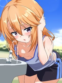 1girl absurdres accidental_pervert bare_shoulders bent_over black_shorts blush breasts drinking_fountain highres idolmaster idolmaster_cinderella_girls idolmaster_cinderella_girls_starlight_stage leaning_forward long_hair looking_at_viewer maretto nipple_slip nipples orange_hair outdoors purple_eyes shirt shorts sleeveless sleeveless_shirt small_breasts solo unlikely_accident yuuki_haru