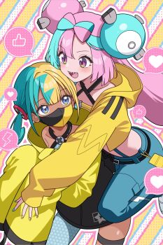 2girls aqua_hair bandeau black_mask blonde_hair blue_eyes blue_hair blush bow-shaped_hair canari_(pokemon) canari_(pokemon)_(cosplay) character_hair_ornament collarbone commentary_request cosplay costume_switch criss-cross_halter criss-cross_straps dark-skinned_female dark_skin fake_hair_bun grey_pantyhose hair_ornament halterneck heart hexagon_print highres iono_(pokemon) iono_(pokemon)_(cosplay) jacket long_hair long_sleeves mask mega_stone mouth_mask multicolored_hair multiple_girls nintendo odorukaminoke open_mouth oversized_clothes pants pantyhose pink_hair pokemon pokemon_legends:_z-a pokemon_sv sharp_teeth short_twintails single_leg_pantyhose sleeves_past_fingers sleeves_past_wrists smile speech_bubble split-color_clothes split-color_hair spoken_heart sports_bra teeth thumbs_up twintails two-tone_hair two-tone_mask two-tone_pants yellow_bandeau yellow_jacket yellow_mask yellow_sports_bra