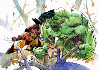 2boys bodysuit claw_(weapon) colored_skin fighting_stance green_skin highres hulk male_focus marvel matias_bergara multicolored_bodysuit multiple_boys muscular muscular_male superhero_costume two-tone_bodysuit weapon wolverine_(x-men) x-men yellow_bodysuit