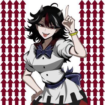 Rule 34 | 1girl, absurdres, arm up, arrow (symbol), black dress, black hair, blue bow, bow, bracelet, breasts, collar, collared dress, commentary, cowboy shot, dress, english commentary, evil grin, evil smile, grin, hand on own hip, highres, horns, jewelry, kijin seija, kinoshii-shroom, looking at viewer, medium breasts, medium hair, multicolored dress, multicolored hair, open mouth, pointing, pointing up, puffy short sleeves, puffy sleeves, red collar, red dress, red eyes, red hair, sash, shaded face, sharp teeth, short sleeves, smile, solo, teeth, tongue, tongue out, touhou, waist bow, waist sash, white dress, white hair