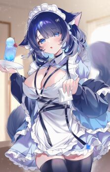 1girl absurdres animal_ear_fluff animal_ears apron between_breasts black_thighhighs blue_eyes blue_hair blurry blurry_background blush breasts cat_ears cat_girl cat_tail cherry chest_harness cleavage collared_dress colored_inner_animal_ears colored_inner_hair commentary cup dress drinking_glass duchi0356 english_commentary eyes_visible_through_hair food frilled_apron frilled_hairband frills fruit furrowed_brow hair_between_eyes hair_ornament hairband hands_up harness heart heart_o-ring highres holding holding_napkin holding_plate indoors juliet_sleeves large_breasts light_particles long_sleeves looking_at_viewer maid maid_apron maid_headdress multicolored_hair o-ring open_mouth original plate puffy_sleeves shaved_ice short_hair solo standing strap tail thighhighs thighs two-tone_dress white_apron white_dress