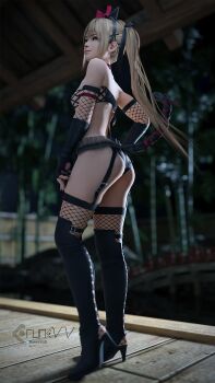 1girl 3d animal_ears ass blender_(medium) blonde_hair blue_eyes boots cat_ears cat_tail choker dead_or_alive earrings female_focus fishnet_thighhighs fishnets full_body garter_belt garter_straps high_heel_boots high_heels highres jewelry marie_rose night runevv skirt solo standing tail thigh_boots thighhighs thighhighs_under_boots twintails