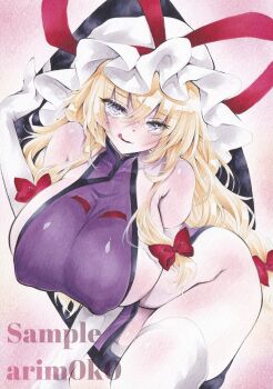 Rule 34 | 1girl, :q, alternate breast size (larger), arim0k0, blonde hair, blush, bow, breasts, commentary, elbow gloves, gap (touhou), gloves, hair bow, hat, highres, huge breasts, long hair, looking at viewer, mob cap, multiple hair bows, naked tabard, purple tabard, red bow, red ribbon, ribbon, sample watermark, sideboob, solo, tabard, thick thighs, thighhighs, thighs, tongue, tongue out, touhou, traditional media, very long hair, watermark, white gloves, white hat, white thighhighs, yakumo yukari