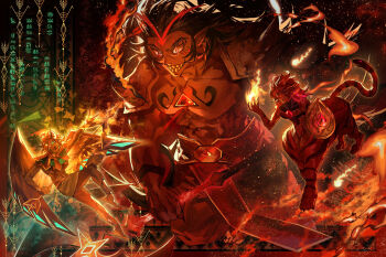 2boys 2girls abs armor barefoot battle black_hair black_shirt blonde_hair breasts burning_spice_cookie centauroid chest_jewel chest_tattoo closed_mouth commentary_request cookie_run cookie_run:_kingdom crop_top crown dark dark-skinned_female dark-skinned_male dark_skin embers facepaint fire frown gem glaive_(polearm) glowing glowing_eyes gold_crown golden_cheese_cookie greaves grin hieroglyphics highres holding holding_polearm holding_shield holding_sword holding_weapon humanization miniskirt multicolored_hair multiple_boys multiple_girls muscular muscular_male nutmeg_tiger_cookie open_mouth outside_border pants pcacao picture_frame pointy_ears polearm poster_(medium) pyrokinesis red_eyes red_gemstone red_hair red_pants sharp_teeth shield shirt short_hair size_difference skirt sleeveless sleeveless_shirt smile smoked_cheese_cookie streaked_hair sword tail tattoo taur teeth thick_eyebrows tiger_girl tiger_tail toned toned_female turtleneck turtleneck_shirt underboob usekh_collar weapon white_skirt yellow_eyes yellow_wings