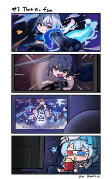 3d_glasses 3girls absurdres aiming aiming_at_viewer bilingual_commentary black_shorts blue_bra blue_butterfly blue_hands blue_veil bra breasts bug butterfly chibi chibi_only closed_mouth commentary english_commentary english_text female_rover_(wuthering_waves) fingernails food galbrena_(wuthering_waves) grey_hair hair_between_eyes highres holding holding_food holding_sword holding_weapon insect korean_commentary looking_at_viewer medium_breasts medium_hair mixed-language_commentary multiple_girls mutation navel open_mouth popcorn purple_eyes rover_(wuthering_waves) scene_reference shorekeeper_(wuthering_waves) shorts single_wing sitting spoilers stomach sword television two-tone_veil underwear v-shaped_eyebrows veil weapon white_veil wings wuthering_waves yami_(yami56_u) yellow_eyes