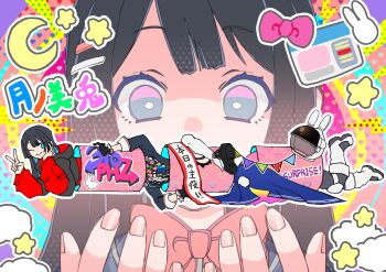 1girl ;) black_hair black_hoodie black_shirt blue_eyes blunt_bangs boots bow bowtie character_name closed_mouth commentary_request hands_up helmet highres hood hood_down hoodie long_hair long_sleeves looking_at_viewer multiple_views nazono_bishojo nijisanji one_eye_closed outline pink_bow pink_bowtie shirt smile space_helmet spacesuit star_(symbol) tsukino_mito tsukino_mito_(1st_costume) tsukino_mito_(astronaut) tsukino_mito_(moon!!) tsukino_mito_(sporty) tsukino_mito_(tsuki_no_usagi_ha_virtual_no_yume_wo_miru) tube virtual_youtuber white_boots white_outline