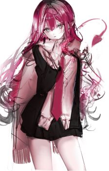 1girl baobhan_sith_(fate) cowboy_shot fate/grand_order fate_(series) grey_eyes hair_between_eyes highres jacket long_hair looking_at_viewer necktie oo_iummyz_oo pink_hair pointy_ears scarf shirt simple_background skirt solo white_background