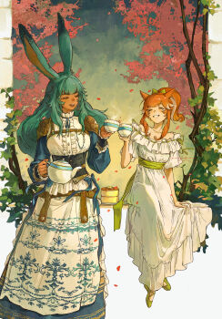 Rule 34 | 2girls, ^ ^, absurdres, animal ears, apron, aqua hair, armor, black corset, cake, cat ears, center frills, chest guard, chest harness, closed eyes, commentary request, corset, cup, dress, final fantasy, final fantasy xiv, food, frills, green shoes, grin, harness, high ponytail, highres, holding, holding cup, holding teapot, miqo'te, multiple girls, off-shoulder dress, off shoulder, orange hair, plant, ponytail, print apron, rabbit ears, shoes, shoulder armor, signature, smile, tan, teacup, teapot, toasting (gesture), viera, warrior of light (ff14), white dress, yuzaiii
