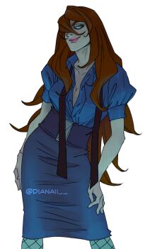 1girl blue_shirt blue_skirt breasts brown_hair cropped_legs diana_ii green_eyes hair_over_one_eye high-waist_skirt long_hair medium_breasts naruto_(series) naruto_shippuuden partially_unbuttoned pink_lips shirt simple_background skirt smile solo standing terumi_mei very_long_hair white_background