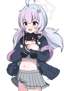 Rule 34 | 1girl, :d, absurdres, ahoge, animal ears, beads, black hair, black jacket, blue archive, blue hair, blush, blush stickers, cat ears, character doll, commentary, cowboy shot, doll, extra ears, grey skirt, hair beads, hair between eyes, hair ornament, halo, hands up, highres, holding, holding stuffed toy, jacket, kazusa (blue archive), long hair, looking down, low twintails, midriff, miniskirt, multicolored hair, navel, open clothes, open jacket, open mouth, peppo-mk3, pink halo, pleated skirt, purple eyes, purple hair, red eyes, reisa (blue archive), sailor collar, school uniform, serafuku, short hair, simple background, skirt, sleeves past wrists, smile, solo, star (symbol), star hair ornament, star halo, streaked hair, stuffed toy, tareme, twintails, v-shaped eyebrows, white background, white sailor collar
