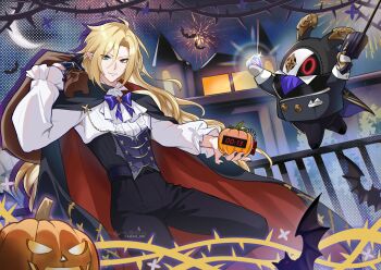 1boy 1other absurdres alternate_costume artist_name ascot bag bat_(animal) black_cape black_gloves black_nails black_pants blonde_hair blue_corset bomb bow bowtie cape center_frills closed_mouth commentary corset crescent_moon diamond_(gemstone) ear_piercing earrings english_commentary explosive fence fireworks frills gloves gold_ring grappling_hook grey_eyes hair_between_eyes halloween halloween_costume heterochromia highres holding holding_bag holding_bomb holding_sack hugo_vlad iron_fence jack-o&#039;-lantern jewelry leg_up light_smile lkari_shi long_hair looking_at_viewer male_focus mansion mole mole_under_eye moon multiple_rings night night_sky outdoors pants piercing pointy_ears puffy_sleeves pumpkin purple_bow purple_bowtie red_eyes ring robin_(zenless_zone_zero) sack shirt single_glove sky sparks spikes tree white_ascot white_shirt zenless_zone_zero