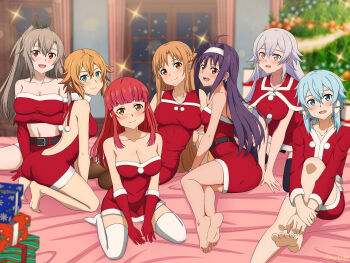 6+girls absurdres all_fours ass asuna_(sao) barefoot black_hair blue_eyes blush breasts brown_hair christmas christmas_ornaments christmas_tree dorothy_(sao) eydis_(sao) gift green_eyes green_hair grey_eyes highres kneeling large_breasts long_hair looking_at_viewer medium_breasts multiple_girls mysteryctu open_mouth orange_eyes orange_hair philia_(sao) purple_hair rain_(sao) red_eyes red_hair santa_costume short_hair sinon sitting small_breasts smile sword_art_online thighhighs yuuki_(sao)