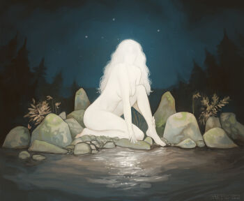 1girl absurdres blonde_hair colored_skin commentary completely_nude convenient_censoring dated english_commentary faceless forest glowing glowing_skin hand_on_own_leg harteus highres knee_up looking_at_viewer mythological_creature nature night nude original outdoors rock signature sitting sky solo star_(sky) starry_sky water white_hair white_skin