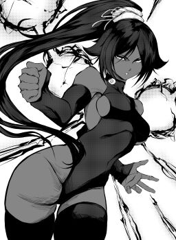 1girl alternate_breast_size_(smaller) bare_shoulders black_hair black_leotard black_thighhighs bleach bleach:_sennen_kessen-hen breasts collarbone dark-skinned_female dark_skin detached_sleeves female_focus jesse_schickler leotard long_hair monochrome parted_bangs ponytail shihouin_yoruichi simple_background thighhighs thighs white_background