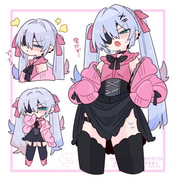 1boy :o annoyed armpit_crease bare_shoulders black_bow black_bowtie black_choker black_corset black_skirt black_thighhighs blue_eyes blue_hair blush bow bowtie bulge cardigan chibi choker closed_mouth clothes_lift collar collared_shirt colored_tips commentary corset covering_own_mouth cowboy_shot crossdressing crossdressing_(mtf) double-parted_bangs earclip eyepatch fang flipped_hair frilled_collar frills from_below from_side frown full_body furrowed_brow garter_straps hair_between_eyes hair_bow hair_intakes hand_up high_heels highres legs_apart lifting_own_clothes long_hair long_sleeves looking_at_viewer male_focus miniskirt multicolored_hair multiple_views narrowed_eyes no_nose off_shoulder one_eye_covered op_na_yarou open_cardigan open_clothes open_mouth original pink_bow pink_cardigan pink_shirt pink_shoes puff_of_air quad_tails red_hair rigel_(op_na_yarou) shirt shoes sidelocks simple_background skirt sleeveless sleeveless_shirt sleeves_past_fingers sleeves_past_wrists standing straight_hair sweat thigh_strap thighhighs trap upper_body v-shaped_eyebrows very_long_hair watermark white_background white_hair