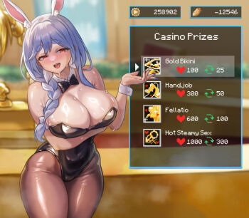 animal_ears arm_under_breasts bare_arms bare_shoulders black_bow black_bowtie black_leotard blue_hair blush bow bowtie braid breasts casino cleavage detached_collar freeze-ex gameplay_mechanics hair_over_shoulder holocure hololive huge_breasts leotard long_hair looking_at_viewer mature_female multicolored_hair naughty_face open_mouth pantyhose pekomama playboy_bunny rabbit_ears rabbit_girl rabbit_tail red_eyes shiny_skin smile solo_focus strapless strapless_leotard sweat tail two-tone_hair user_interface virtual_youtuber white_hair wrist_cuffs