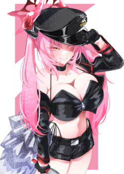 1girl absurdres aoielsol belt black_belt black_choker black_gloves black_jacket black_shorts blue_archive breasts choker cleavage cowboy_shot crop_top demon_horns gloves grin halo halterneck hand_on_headwear hand_up hat highres holding holding_microphone horns idol jacket jacket_partially_removed large_breasts long_hair long_sleeves microphone midriff mole mole_on_breast multicolored_horns panties peaked_cap pink_hair red_halo red_horns satsuki_(blue_archive) short_shorts shorts side-tie_panties side-tie_peek smile solo standing twintails two-tone_horns underwear zipper