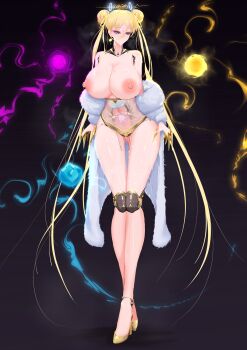 1girl absurdres blonde_hair blue_eyes breasts coat detached_collar dogma_zzzz double_bun earrings facial_mark full_body fur_coat glowing glowing_tattoo gluteal_fold gold_footwear hair_bun high_heels highres huge_breasts jewelry joints leg_tattoo long_hair mechanical_legs navel nipples pubic_tattoo pussy_juice see-through_clothes slay_the_spire solo standing tattoo the_defect_(slay_the_spire) thigh_gap twintails very_long_hair