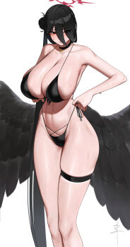 1girl areola_slip bare_shoulders bikini black_bikini black_hair black_wings blue_archive blush breasts cleavage collarbone curvy front-tie_bikini_top front-tie_top groin hair_between_eyes hair_bun halo hasumi_(blue_archive) hasumi_(swimsuit)_(blue_archive) highres huge_breasts large_areolae long_hair long_hair_between_eyes looking_down low_wings navel pendant_choker red_eyes red_halo senju_(snz0) side-tie_bikini_bottom side_ponytail single_side_bun skindentation solo swimsuit thigh_strap thighs very_long_hair wings