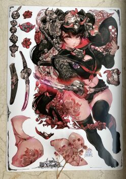 Rule 34 | 1girl, black hair, black panties, black shirt, black skirt, black thighhighs, breasts, closed mouth, flower, grey eyes, hand up, highres, holding, holding sword, holding weapon, katana, large breasts, leg tattoo, long hair, looking at viewer, miniskirt, multiple views, nipples, no shoes, original, panties, parkjinsuky, photo (medium), red flower, shirt, skirt, smile, sword, tattoo, thighhighs, traditional media, underwear, weapon