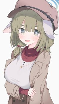 1girl absurdres animal_ears blue_archive blue_halo blush breasts green_eyes green_hair halo hat highres large_breasts nui_(nuinui0300) simple_background solo variant_set white_background yakumo_(blue_archive)