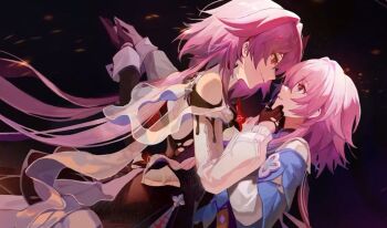 2girls artist_request black_background black_gloves blue_eyes blue_jacket closed_mouth commentary dual_persona earrings evernight_(honkai:_star_rail) eye_contact gloves hand_on_another's_face holding_hands honkai:_star_rail honkai_(series) jacket jewelry long_hair long_sleeves looking_at_another march_7th_(honkai:_star_rail) multiple_girls official_art parted_lips pink_hair red_eyes screencap selfcest shirt smile symbol-only_commentary third-party_source white_shirt yuri