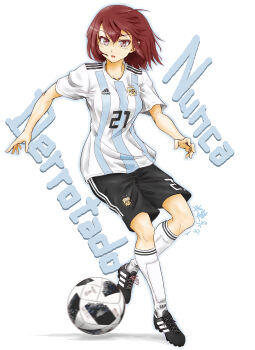 1girl 2018_fifa_world_cup absurdres adidas ahoge argentina argentinian_flag argentinian_flag_print ball black_shorts brown_eyes brown_hair collarbone commentary commentary_request dear_muyu female_focus flag_print full_body highres looking_down open_mouth original playing_sports running shirt shoes short_hair shorts sneakers soccer soccer_ball soccer_uniform solo spanish_text sportswear striped_clothes striped_shirt telstar_18 vertical-striped_clothes vertical-striped_shirt white_background white_legwear world_cup