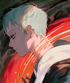 Rule 34 | 1boy, alien stage, black jacket, closed mouth, commentary, earrings, english commentary, from side, grey hair, highres, hood, hoodie, jacket, jewelry, male focus, meteor shower, pome memen, profile, red pupils, scar, scar on neck, short hair, solo, till (alien stage), triangle earrings, very short hair, white hoodie