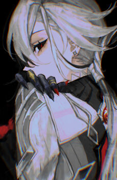 1girl absurdres arlecchino_(genshin_impact) black_eyes black_hair black_hands colored_extremities commentary dabodabonogomu genshin_impact hand_on_own_shoulder highres long_hair long_sleeves looking_back multicolored_hair red_pupils solo streaked_hair symbol-shaped_pupils white_hair x-shaped_pupils