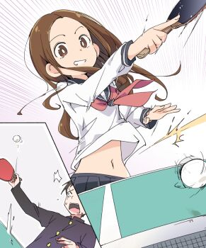 Rule 34 | 10s, 1boy, 1girl, ball, black jacket, black sailor collar, black skirt, brown eyes, brown hair, emphasis lines, forehead, gakuran, grin, holding, ixy, jacket, karakai jouzu no takagi-san, long hair, long sleeves, navel, neckerchief, nishikata, open mouth, paddle, parted bangs, pleated skirt, red neckerchief, sailor collar, school uniform, serafuku, shirt, skirt, smile, stomach, surprised, table tennis, table tennis ball, table tennis paddle, takagi-san, very long hair, white shirt