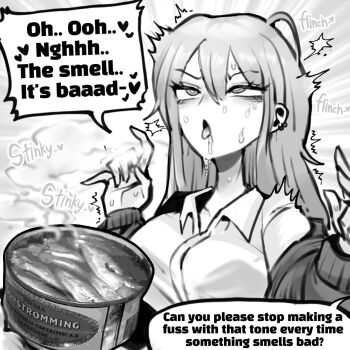 1girl ahegao can canned_fish canned_food english_text female_orgasm highres long_hair monochrome oligogi_meoggosipda orgasm shirt smell smelling sweat sweatdrop white_background white_shirt