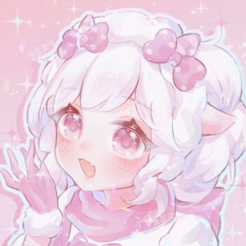 Rule 34 | 1girl, animal ears, aqua outline, artist name, back bow, blue outline, bow, chinese commentary, commentary request, curly hair, dot nose, eyelashes, fang, fur-trimmed gloves, fur trim, gloves, goat ears, goat horns, gradient outline, hair bow, happy, horns, lanlan zhi jiabing, light blush, light particles, medium hair, mei yangyang, nikki (series), open mouth, outline, pink background, pink bow, pink eyes, pink gloves, pink horns, pink scarf, pink snowprint (shining nikki), polka dot, polka dot bow, puffy short sleeves, puffy sleeves, scarf, shining nikki, shirt, short sleeves, simple background, skin fang, small horns, smile, solo, sparkle, striped horns, tareme, upper body, wavy hair, white hair, white shirt, xiyangyang yu huitailang