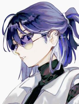 Rule 34 | 1girl, ahoge, andreana (arknights), andreana (silent arrow) (arknights), arknights, black shirt, commentary request, expressionless, from side, gradient-tinted eyewear, hair between eyes, hair tie, half updo, jacket, looking at viewer, medium hair, official alternate costume, one-hour drawing challenge, parted lips, portrait, purple-tinted eyewear, purple eyes, purple hair, shirt, sideways glance, signature, simple background, solo, sunglasses, tinted eyewear, turtleneck, turtleneck shirt, ujoe 7hr, white background, white jacket, white streaks