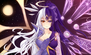 Rule 34 | 2girls, body markings, collarbone, collared dress, colored skin, commentary, couple, dress, glowing, glowing markings, halo, hand on own chest, herrscher of the end, heterochromia, high collar, honkai (series), honkai gakuen, kiana kaslana, looking at viewer, multicolored skin, multiple girls, parted lips, purple eyes, raiden mei, raiden mei (herrscher of thunder), red eyes, school uniform, sky, sleeveless, space, split, star (sky), starry sky, torn clothes, two-tone skin, uc-sama, upper body, wings, yuri