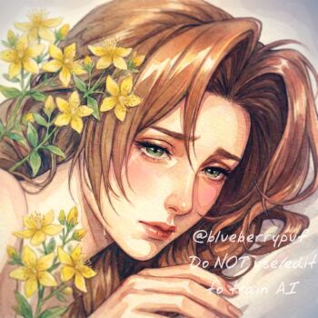 Rule 34 | 1girl, aerith gainsborough, bare shoulders, brown hair, closed mouth, crying, final fantasy, final fantasy vii, final fantasy vii rebirth, final fantasy vii remake, flower, furrowed brow, green eyes, highres, long hair, monsterbf1ilove, parted bangs, sad, simple background, solo, tears, twitter username, upper body, wavy hair, yellow flower