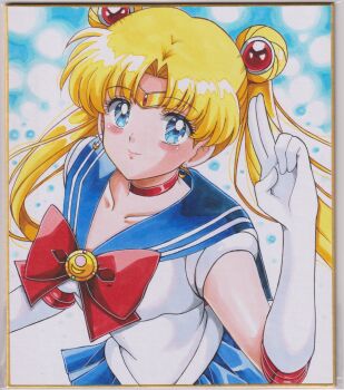 1girl absurdres arms_up bishoujo_senshi_sailor_moon blonde_hair blue_eyes blue_sailor_collar bow brooch chikoto_(kztc4472) choker commentary double_bun earrings elbow_gloves gloves hair_bun hair_ornament highres jewelry lips long_hair magical_girl pointing pointing_up red_bow red_choker sailor_collar sailor_moon sailor_senshi_uniform smile solo traditional_media tsukino_usagi twintails white_gloves