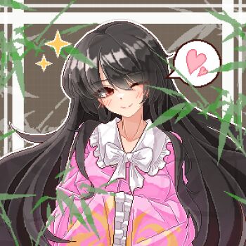 1girl ;) black_hair blush bow bowtie breasts commentary contrast_collar eaglov frilled_sailor_collar frilled_sleeves frills hands_in_opposite_sleeves heart highres houraisan_kaguya long_hair long_sleeves looking_at_viewer medium_breasts one_eye_closed outline pink_shirt pixel_art red_eyes sailor_collar shirt smile solo sparkle spoken_heart straight_hair symbol-only_commentary touhou upper_body very_long_hair white_bow white_bowtie white_outline white_sailor_collar