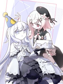 2girls beret birthday_cake black_gloves black_hat blue_eyes cake cherry_blossoms chinese_commentary closed_mouth commentary_request commission dress feet_out_of_frame flower food frilled_dress frilled_sleeves frills gloves hair_flower hair_ornament hat highres holding holding_plate long_hair long_sleeves looking_at_another looking_at_viewer mahou_shoujo_no_majo_saiban multiple_girls party_hat pink_eyes plate rose sakuraba_ema shilizi sitting smile tsukishiro_yuki white_flower white_hair white_rose x_hair_ornament