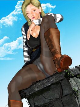 1girl android_18 blonde_hair blue_eyes boots breasts cleavage cloud crotch_seam day earrings jewelry kill_the_king large_breasts mature_female panties panties_under_pantyhose pantyhose pantyshot sitting skirt sky solo thighband_pantyhose underwear upskirt