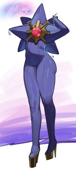 1other absurdres arms_up colored_skin gem gen_1_pokemon high_heels highres leg_focus legs long_legs mega_starmie miao_jiangyou motion_lines nintendo other_focus personification platform_heels pokemon pokemon_(creature) purple_background purple_skin red_gemstone shiny_skin solo spoken_star star_(symbol) starmie talking thighs translation_request waving what wide_hips