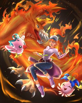 Rule 34 | 1girl, alternate costume, baseball cap, bird, birdramon, brown eyes, commission, deviantart, digimon, digimon adventure -beyond-, fiery background, fire, genenaeart, hat, highres, jacket, pink jacket, pink shirt, pink shoes, piyomon, plant, red hair, shirt, shoes, sneakers, watermark