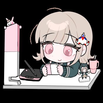 1girl ahoge animated animated_gif black_jacket brown_hair chibi chibi_only closed_mouth cup danganronpa_(series) danganronpa_2:_goodbye_despair dot_nose drawing_tablet figure hair_ornament handheld_game_console highres holding holding_handheld_game_console jacket long_sleeves medium_hair monomi_(danganronpa) nanami_chiaki open_clothes open_jacket pink_eyes playing_games shirt simple_background smile solo stylus transparent_background upper_body white_shirt yeonju