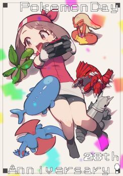 1girl :d aggron anniversary bandana bike_shorts black_shorts black_socks blaziken brown_eyes brown_hair chibi full_body game_boy_advance gen_3_pokemon gloves groudon handheld_game_console highres holding holding_handheld_game_console legendary_pokemon may_(pokemon) nintendo open_mouth pokemon pokemon_(creature) pokemon_day pokemon_rse pondai_(toileet) red_bandana red_shirt salamence shirt short_hair shorts smile socks tropius wailord